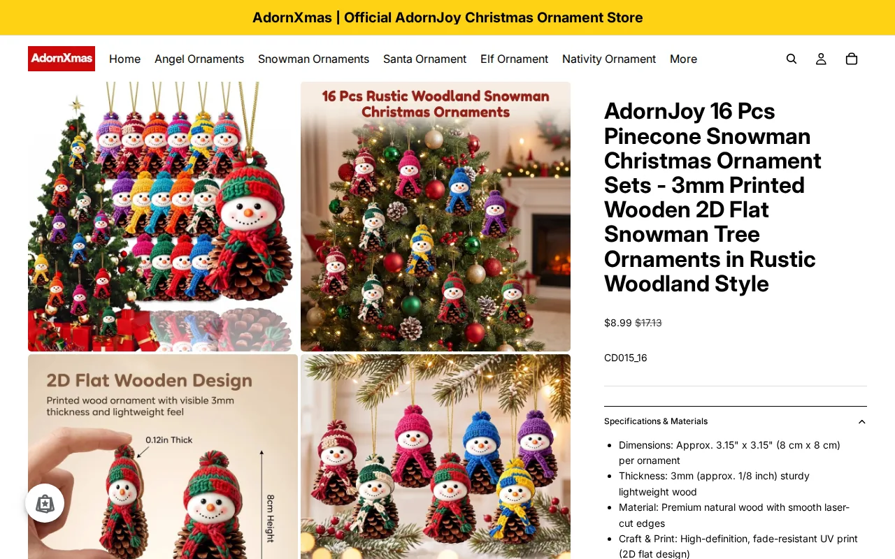 Screenshot of the AdornJoy 16 Pcs Pinecone Snowman Christmas Ornament Sets website