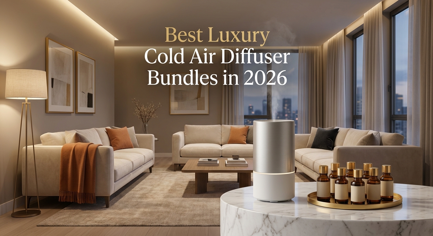 A photorealistic lifestyle scene of a sleek, modern living room with warm ambient lighting, a minimalist cold-air diffuser on a marble side table releasing a fine invisible mist, and a curated collection of small fragrance oil bottles arranged beside it. The room features soft neutral tones with an orange accent, evoking an upscale hotel suite atmosphere. Alt: luxury cold air diffuser bundle on marble table in modern living room.