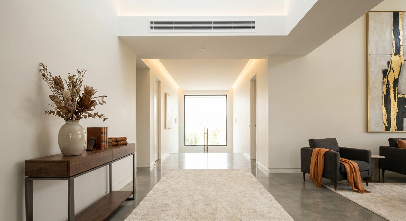 A photorealistic interior shot of a spacious modern home showing an HVAC vent near the ceiling in a bright open hallway, with soft warm lighting and minimalist decor suggesting premium residential quality. The composition conveys whole-home scenting through architectural airflow, with no visible product packaging or labels. Alt: whole-home luxury cold air diffuser system integrated with HVAC in modern home.