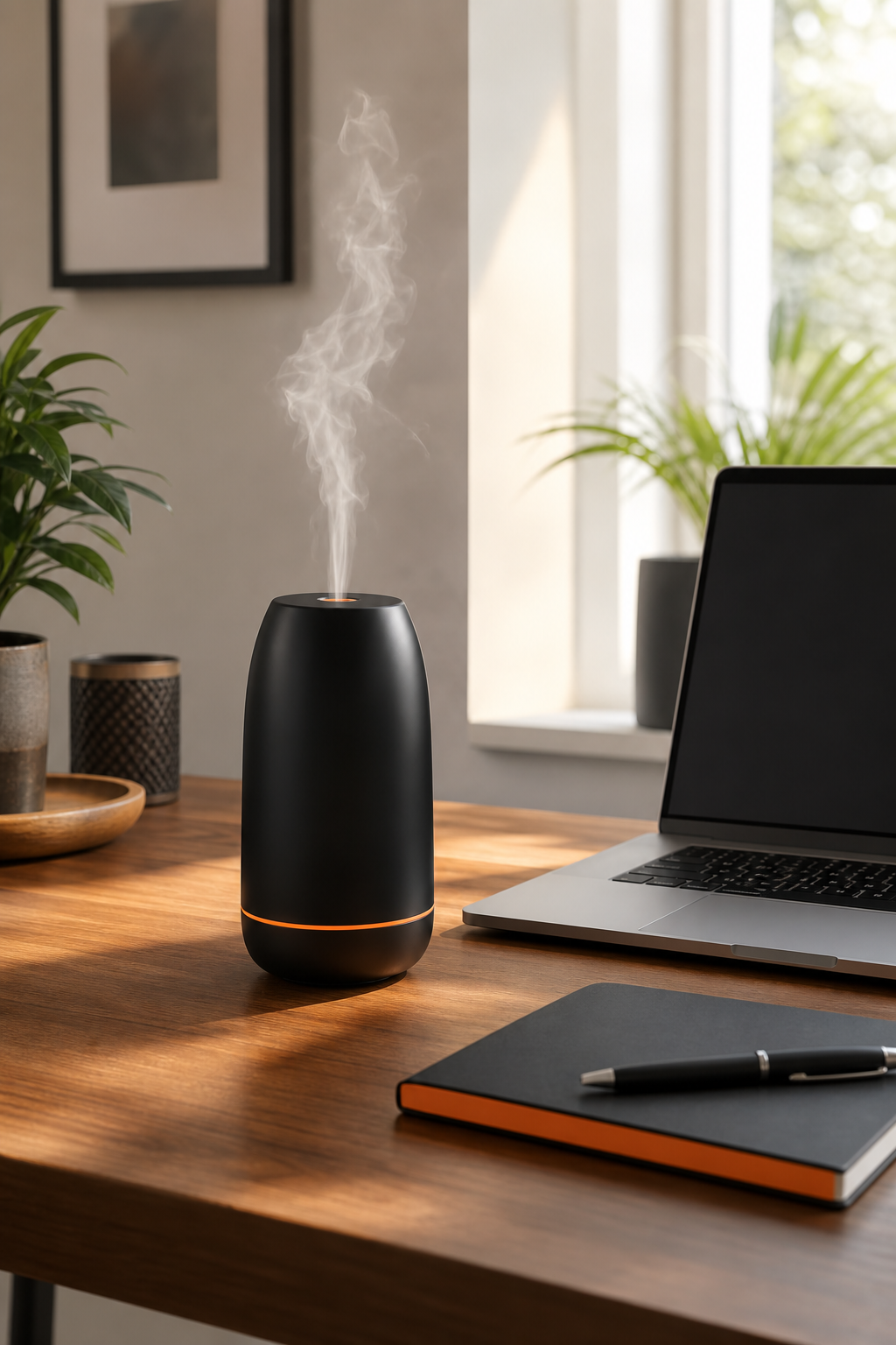 A sleek black ECHO Mini diffuser on a modern wooden desk beside a laptop and notebook, with soft natural light from a window. Alt: ECHO Mini luxury cold air diffuser on home office desk.