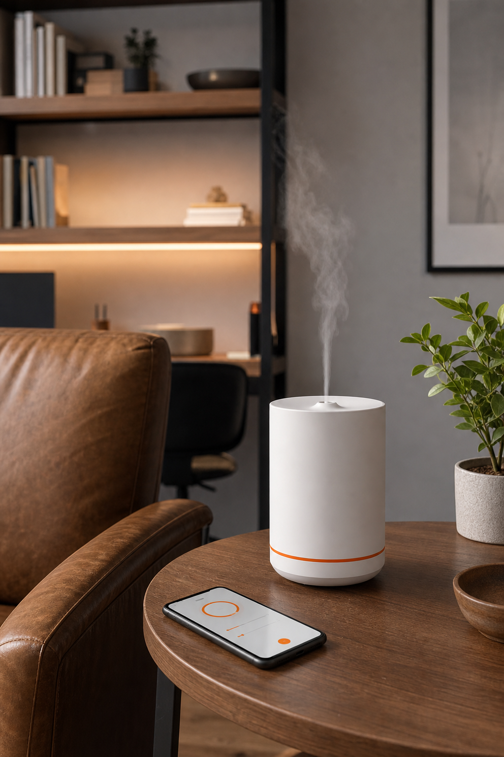 A white ECHO diffuser placed on a side table next to a leather armchair in a home office, with a smartphone showing the app controls. Alt: ECHO smart Bluetooth cold air diffuser in home office.