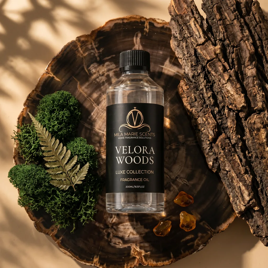 Velora Woods: visual reference for 7. Velora Woods | Luxury Teakwood · Lemon & Cardamom · Warm Sandalwood