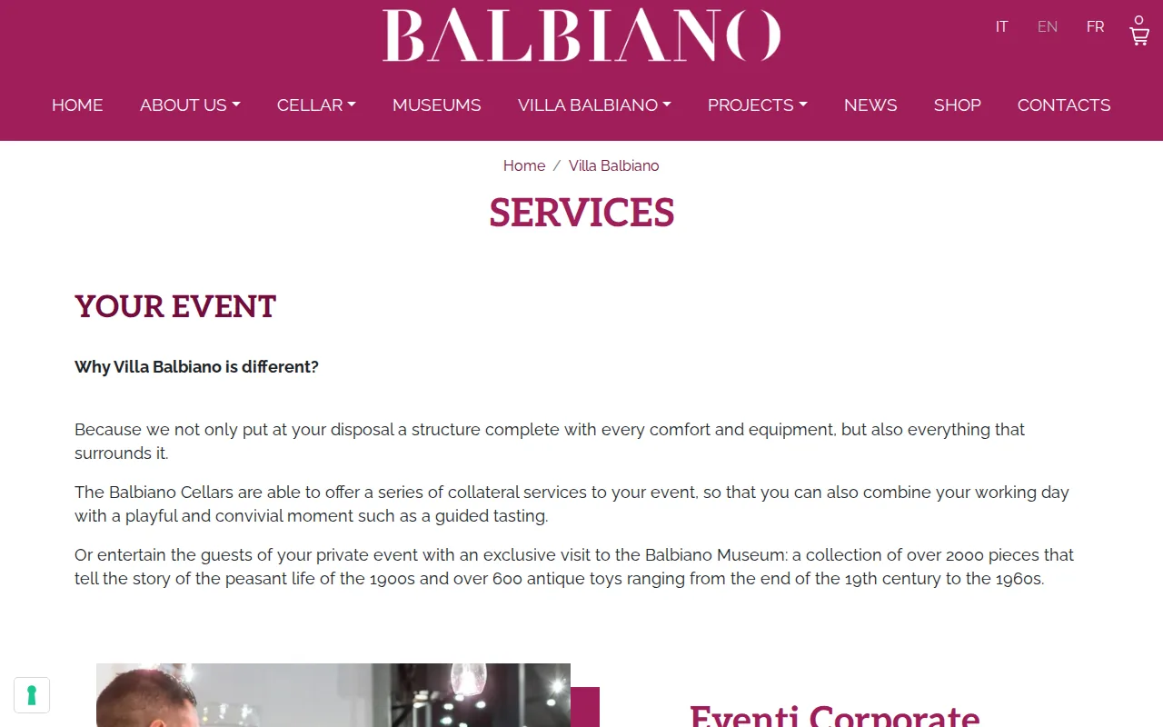 Screenshot of the Villa Balbiano website