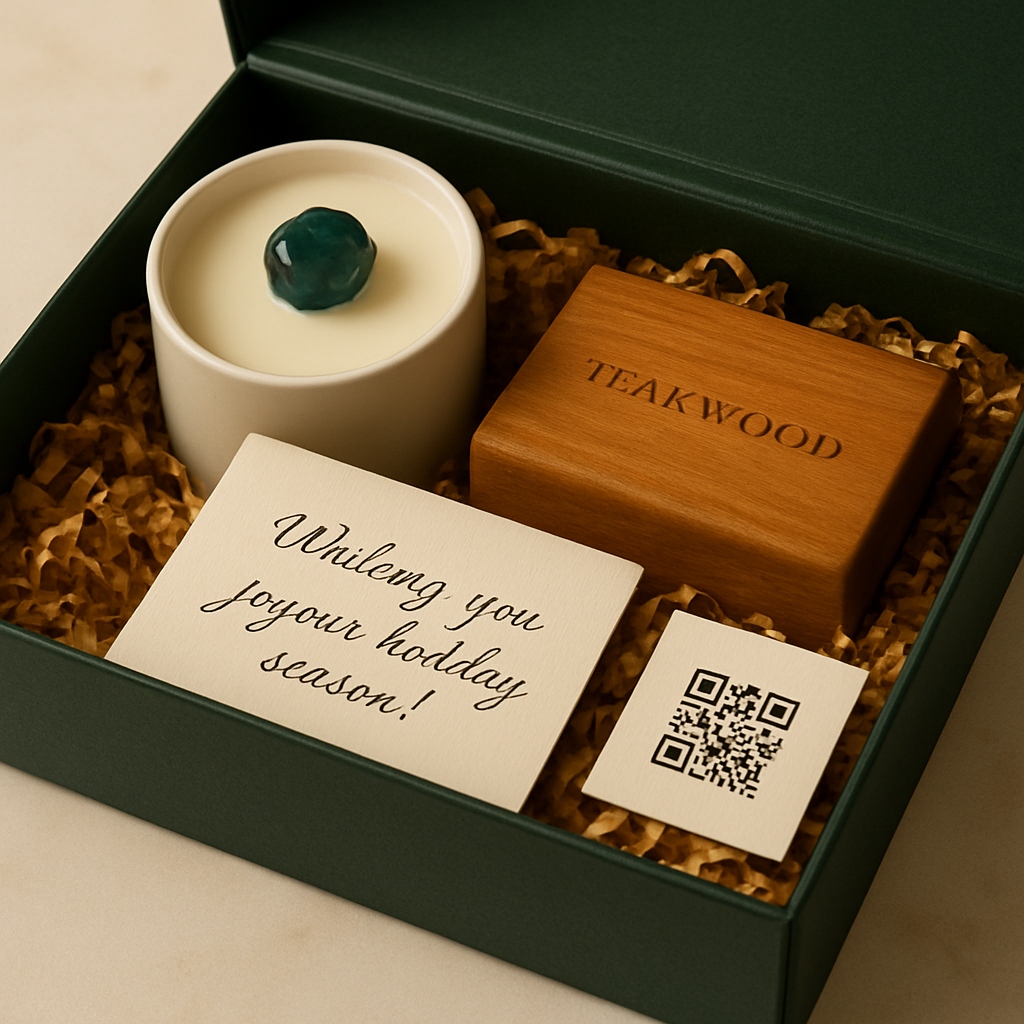 A luxurious holiday gift box open to reveal a gemstone‑topped candle, a teak‑wood soap bar, a handwritten note, and a tiny QR code invitation. Alt: Luxury Holiday gifting presentation with layered unboxing elements