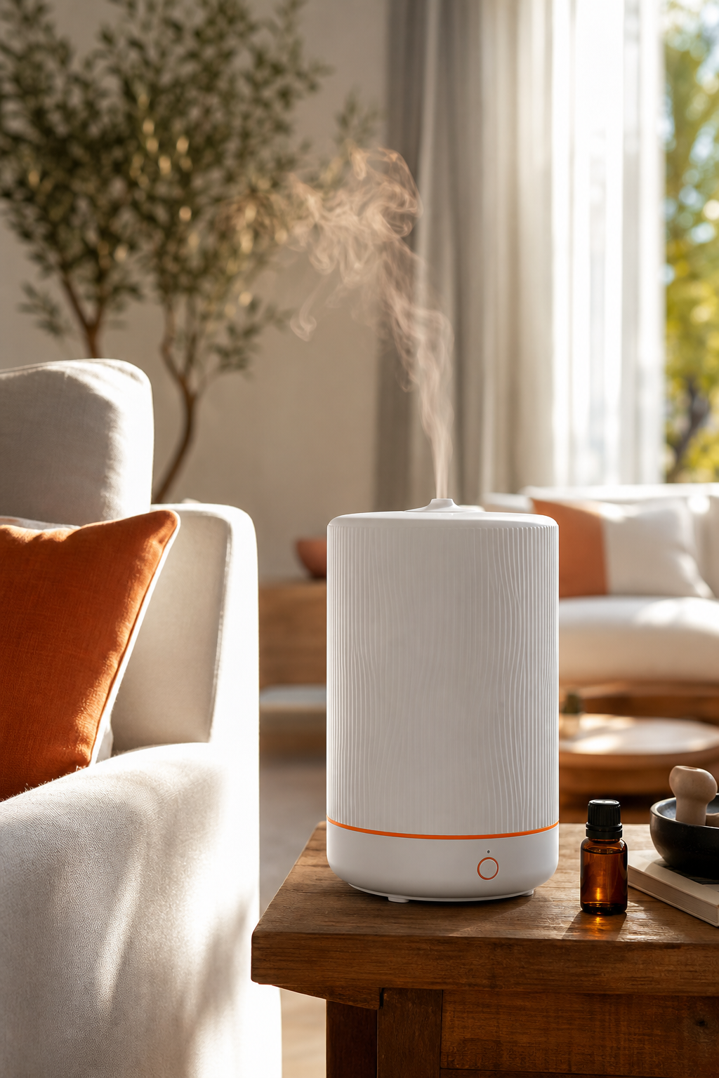 A photorealistic shot of a modern living room with a sleek white cold-air diffuser on a wooden side table, soft sunlight streaming through curtains, and a subtle haze of scent in the air. Alt: Luxury cold-air diffuser in a bright living room setting.