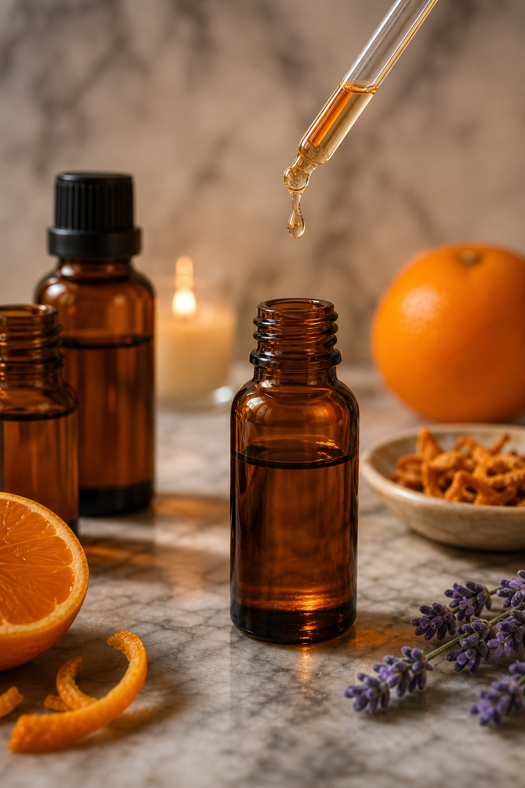 A photorealistic close-up of amber glass bottles of fragrance oils on a marble countertop, with a soft focus on a single drop falling. Alt: Premium fragrance oil bottles with warm lighting and marble background.