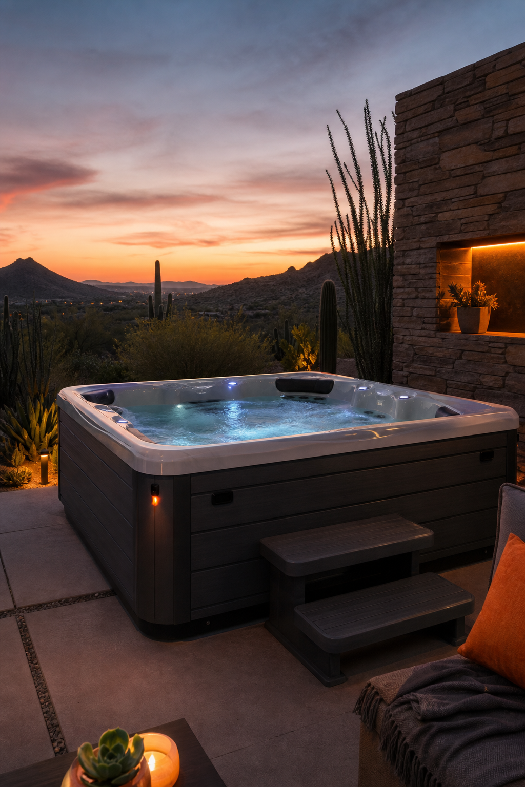 A realistic desert patio at dusk with a Sundance hot tub, featuring stone accents and desert landscaping, showing the UV‑resistant finish glinting in low light