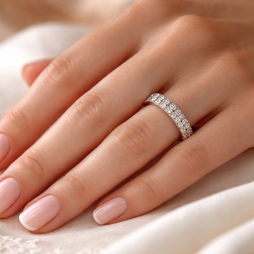 A photorealistic close‑up of a diamond anniversary band on a woman’s hand, soft natural light, luxury setting, appealing to women celebrating a milestone anniversary. Alt: Diamond anniversary band luxury jewellery gift ideas for anniversary