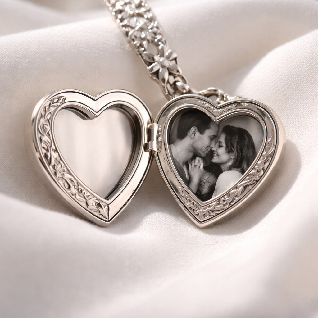 A photorealistic close-up of a silver engraved locket opened to show a tiny black-and-white photo, lying on a soft white fabric. Alt: Personalized engraved locket luxury jewellery gift ideas for anniversary.