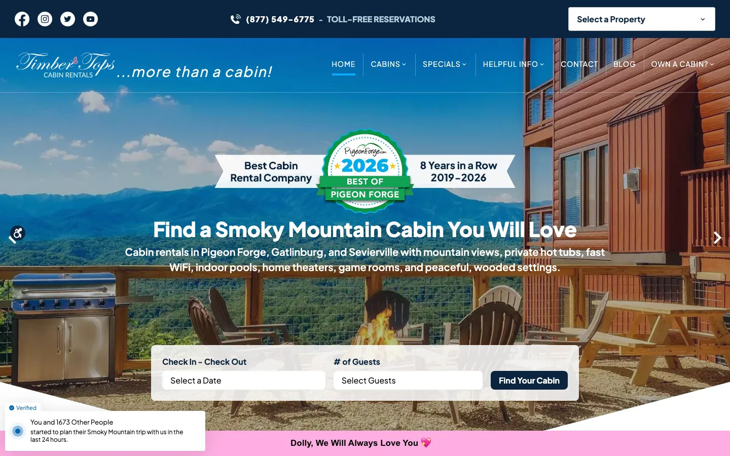 Screenshot of the Timber Tops Cabin Rentals website