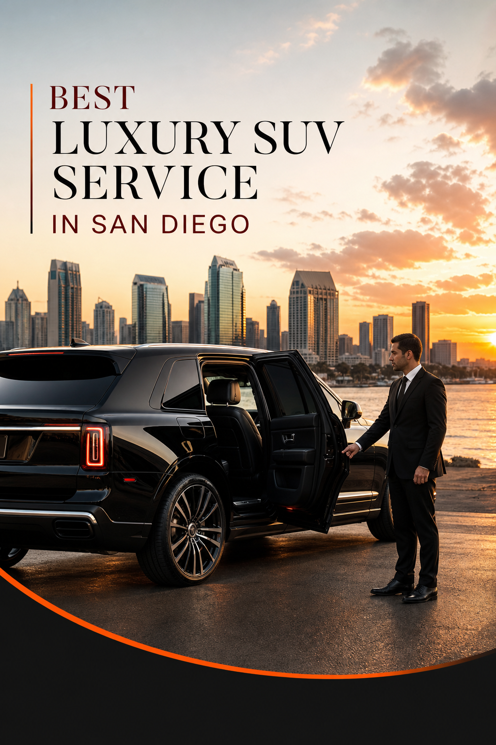 A sleek black luxury SUV parked in front of the San Diego skyline at sunset, with a professional chauffeur holding the door open. Cinematic style. Alt: Luxury SUV service in San Diego with chauffeur at airport.