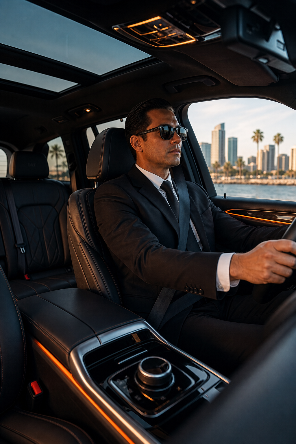 Interior of a luxury SUV with leather seats and ambient lighting, showing a professional driver in the front seat. Cinematic style. Alt: Luxury SUV interior with chauffeur in San Diego.
