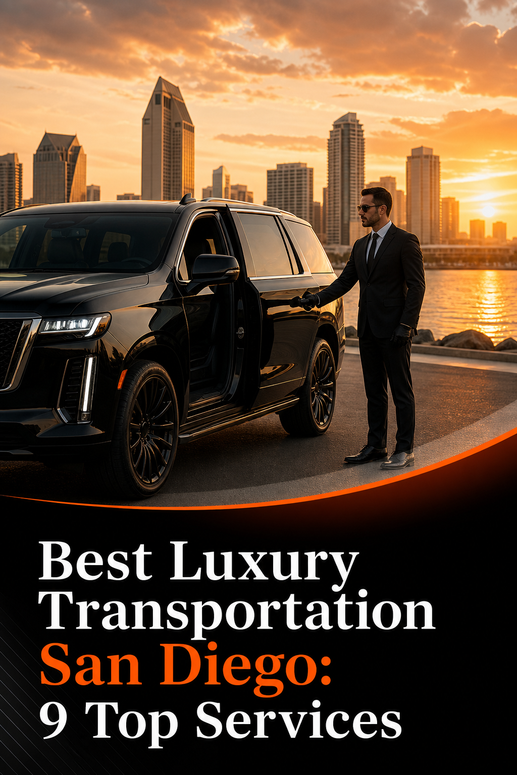 Cinematic shot of a sleek black luxury SUV parked in front of the San Diego skyline at golden hour, with a professional chauffeur in a suit holding the door open. Alt: Luxury black SUV chauffeur service in San Diego.