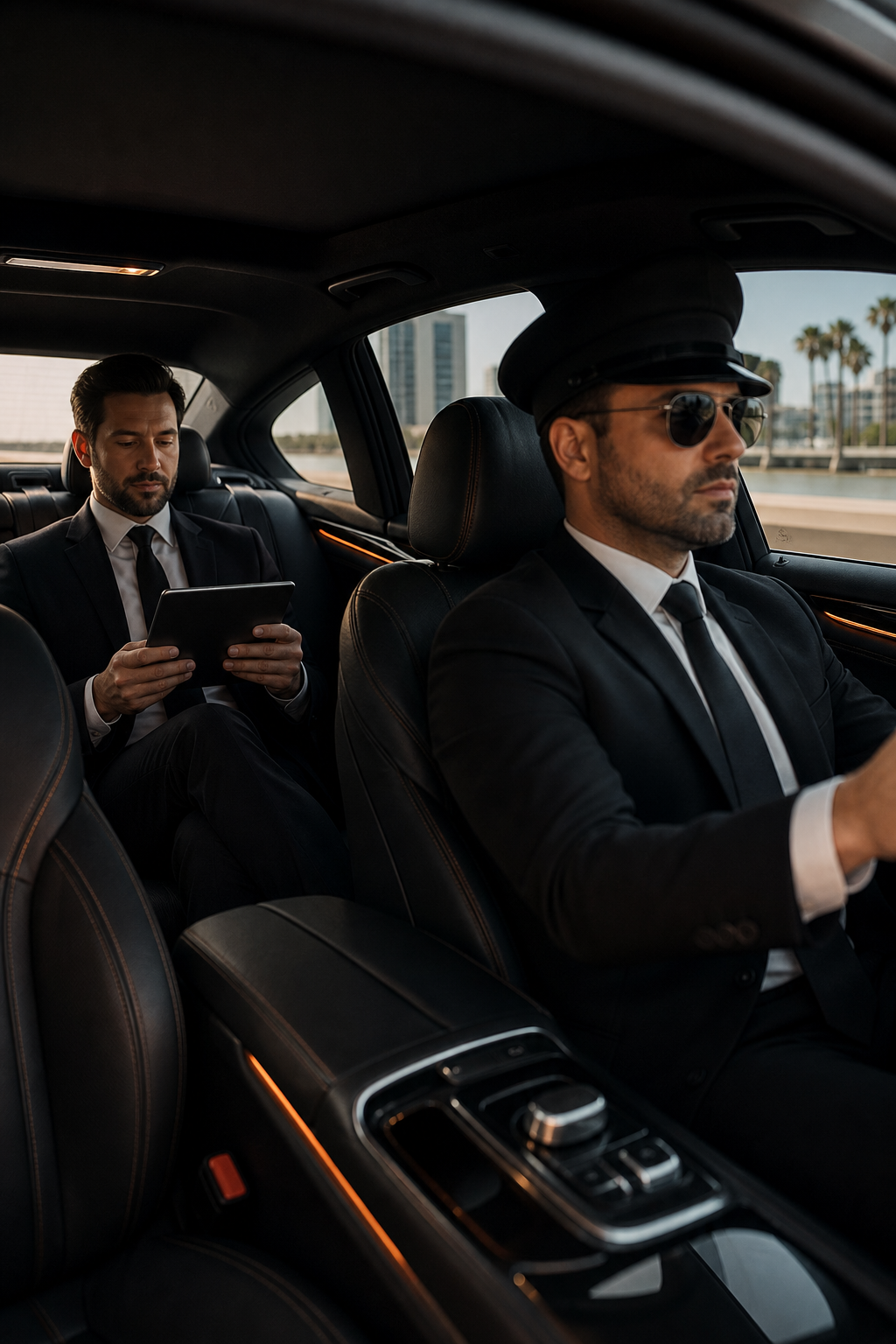 Cinematic interior of a luxury sedan with leather seats, a professional chauffeur in the front, and a passenger relaxing in the back with a tablet. Alt: Premium sedan chauffeur service interior San Diego.