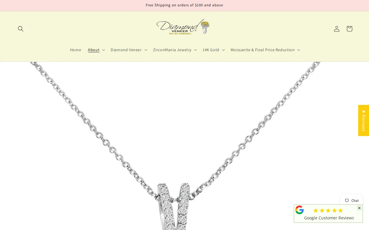 Screenshot of the Diamond Veneer Travel Jewelry website