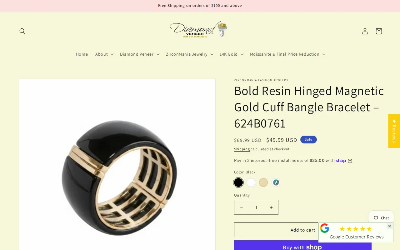 Screenshot of the Bold Resin Hinged Magnetic Gold Cuff Bangle Bracelet website