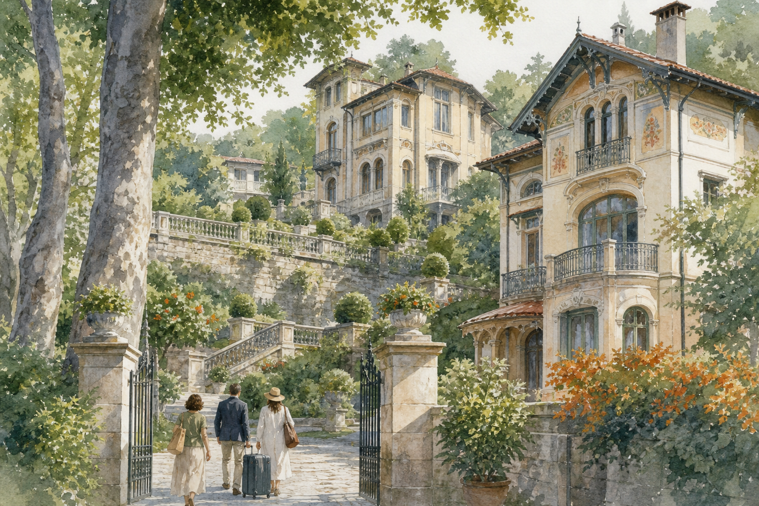Private villa rental in Brunate above Lake Como with gardens and historic Art Nouveau buildings.