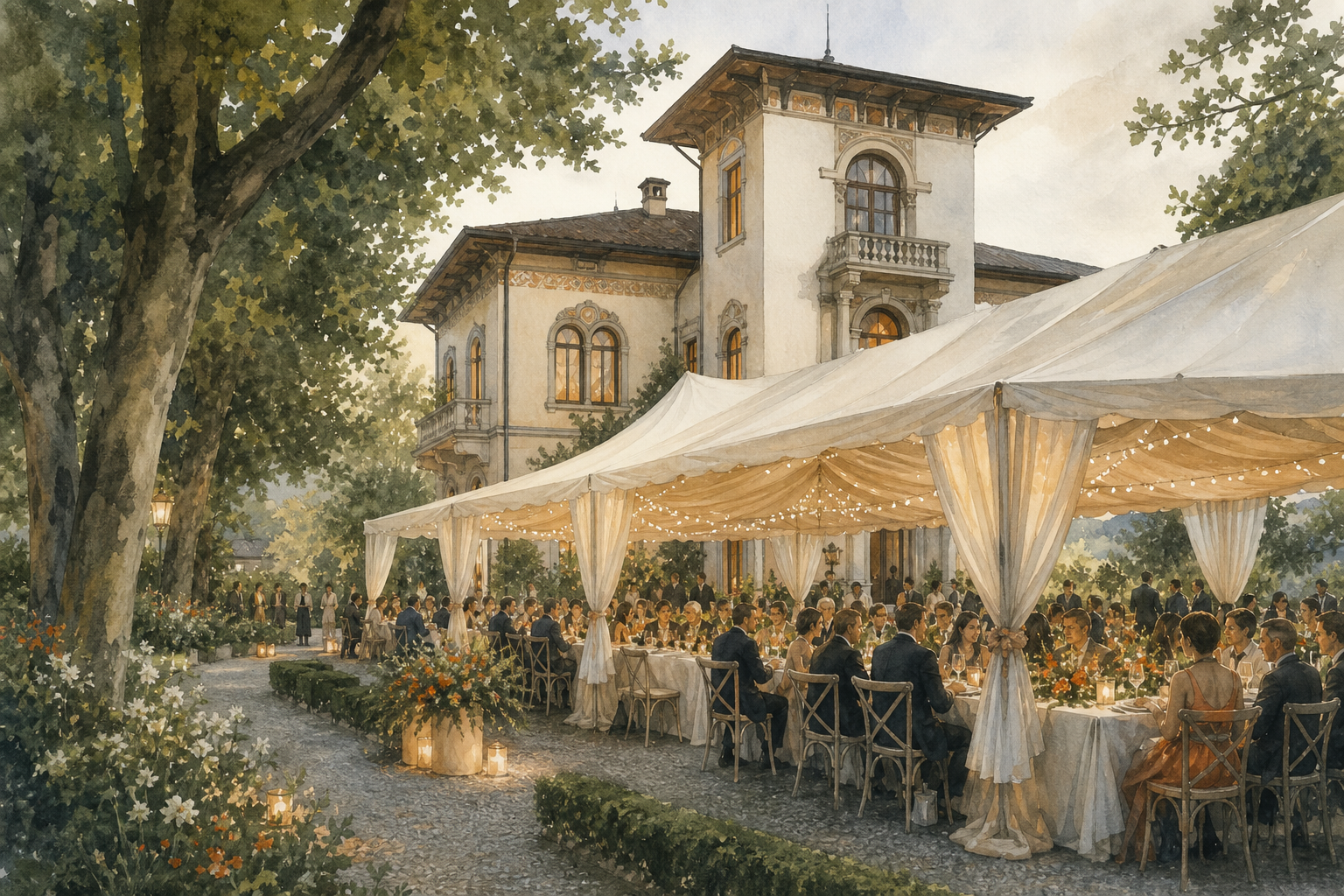 Outdoor wedding celebration in the gardens of Villino Rubini above Lake Como.