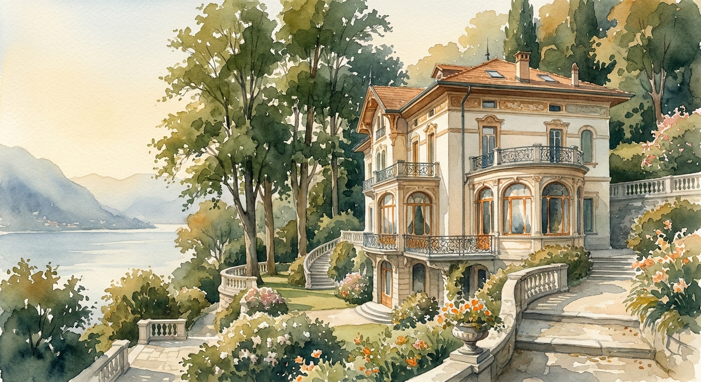 A watercolor scene of an 1892 Art Nouveau villa surrounded by tall beech trees and terraced gardens on a green hillside, warm morning light, soft brushwork. Alt: Luxury Art Nouveau villa above Lake Como set in private beech forest gardens.