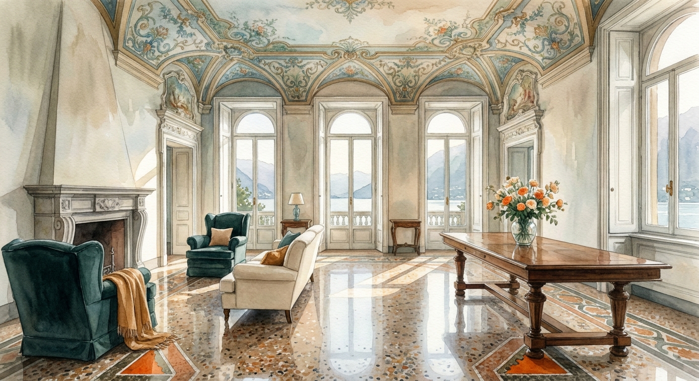 A watercolor interior of a Liberty-style villa with original frescoed ceilings, terrazzo floors, and arched windows, soft natural light, gentle brush texture. Alt: Original Art Nouveau frescoes and terrazzo floors inside a historic Lake Como villa.