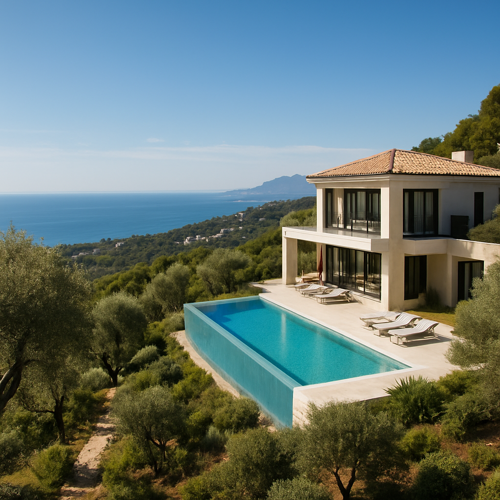 A panoramic view of a luxury villa perched on a hillside in Sierra Blanca, overlooking the sparkling Mediterranean Sea, with olive trees and an infinity pool. Alt: Luxury villas Marbella hillside view with sea backdrop and pool.