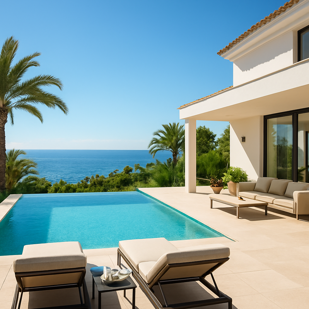 A sun‑lit luxury villa terrace in Marbella with an infinity pool overlooking the Mediterranean sea. Alt: Luxury villas Marbella decision guide buying vs renting