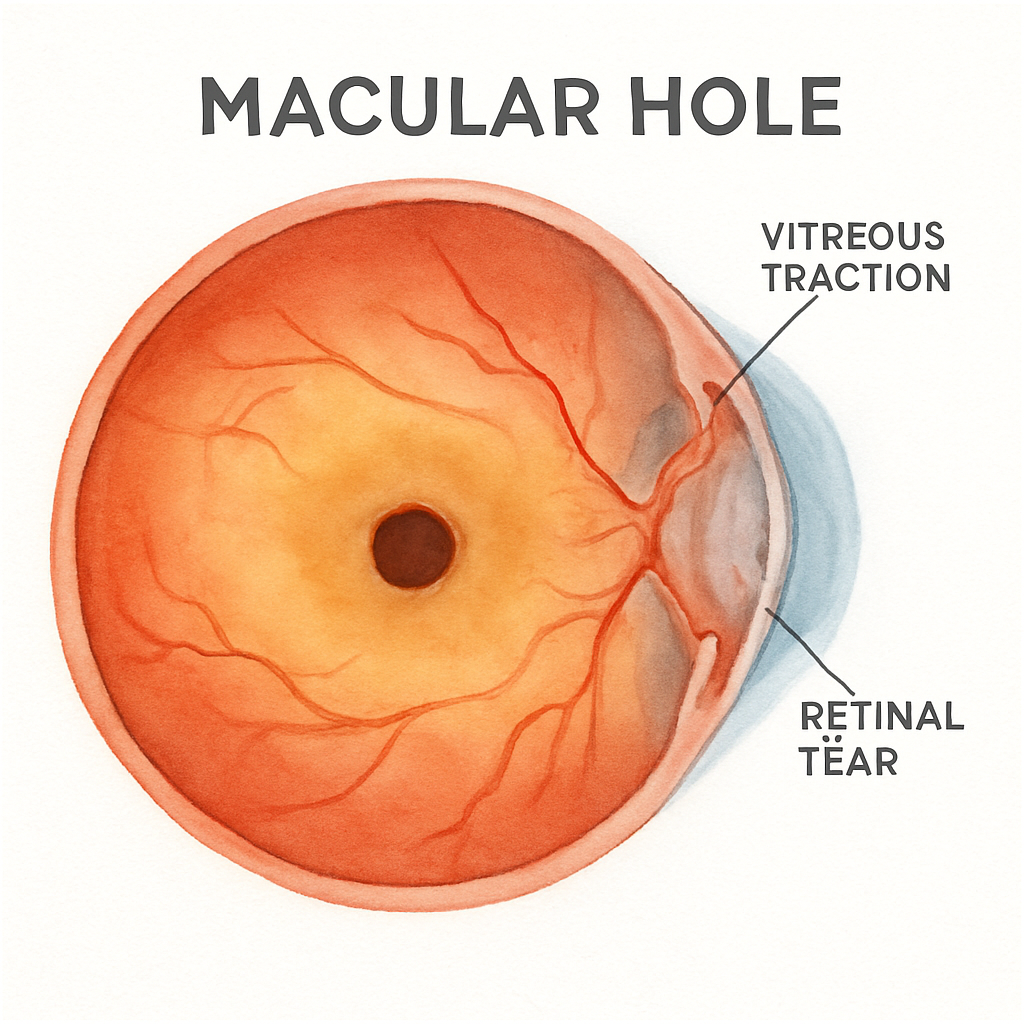 A close‑up illustration of the macula showing a tiny central hole surrounded by healthy retinal tissue. Alt: macular hole causes illustration showing vitreous traction and retinal tear
