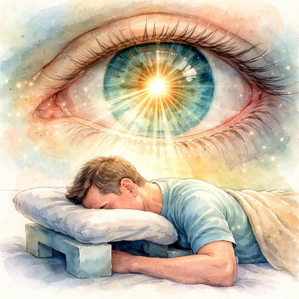 A watercolor painting of an eye with a gentle healing glow, showing a patient resting with a face‑down pillow, representing macular hole surgery recovery time. Alt: macular hole surgery recovery time watercolor illustration.