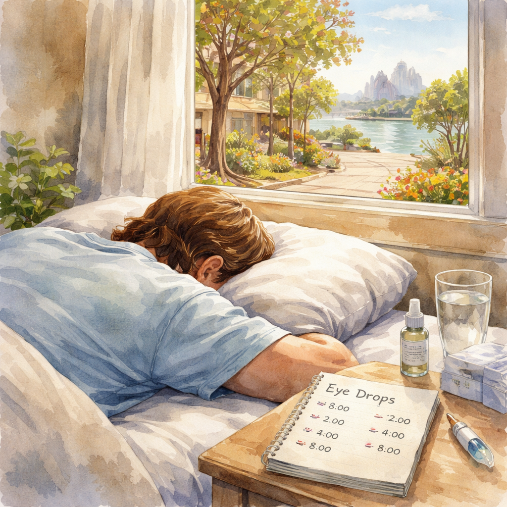 A watercolor painting of a patient lying face‑down on a soft pillow, with a gentle sunlit window showing a calm Sydney street outside. The scene includes a small notebook with drop times, highlighting the calm routine of macular hole surgery recovery. Alt: macular hole surgery recovery time tips watercolor illustration.