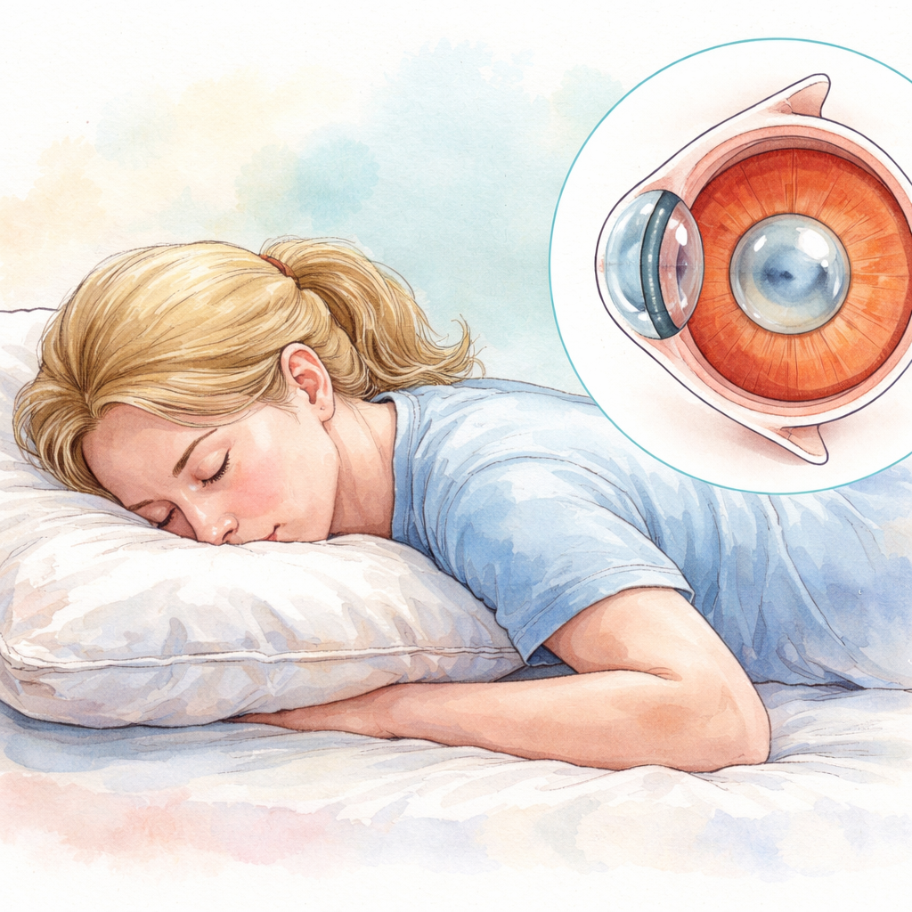A watercolor style illustration of a patient lying face‑down with a soft pillow, a gentle gas bubble shown inside the eye, alt: macular hole surgery immediate care positioning