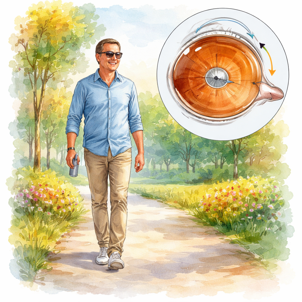 A watercolor style scene of a patient walking outdoors with sunglasses, a subtle illustration of a shrinking gas bubble in the eye, alt: macular hole surgery one‑month activity guide