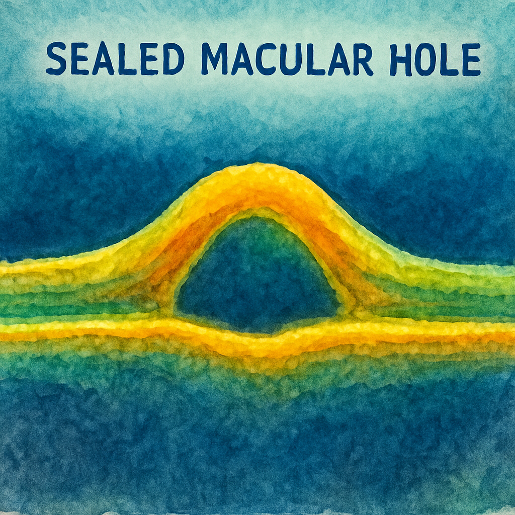 A close‑up view of a retinal OCT scan showing a sealed macular hole, with bright colors highlighting the closure. Alt: OCT image of successful macular hole surgery closure