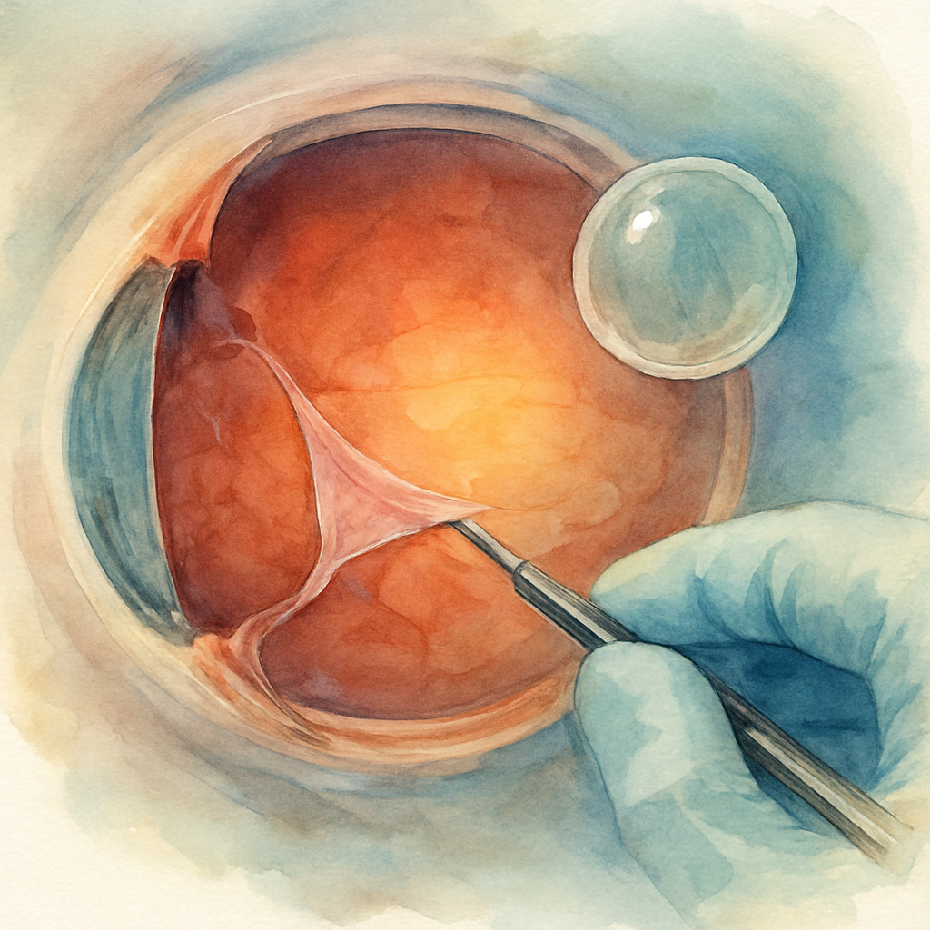 Close‑up of a surgeon’s view through a microscope, showing the ILM being peeled and a gas bubble in the eye. Alt: Detailed view of macular hole surgery technique showing ILM peel and gas tamponade.