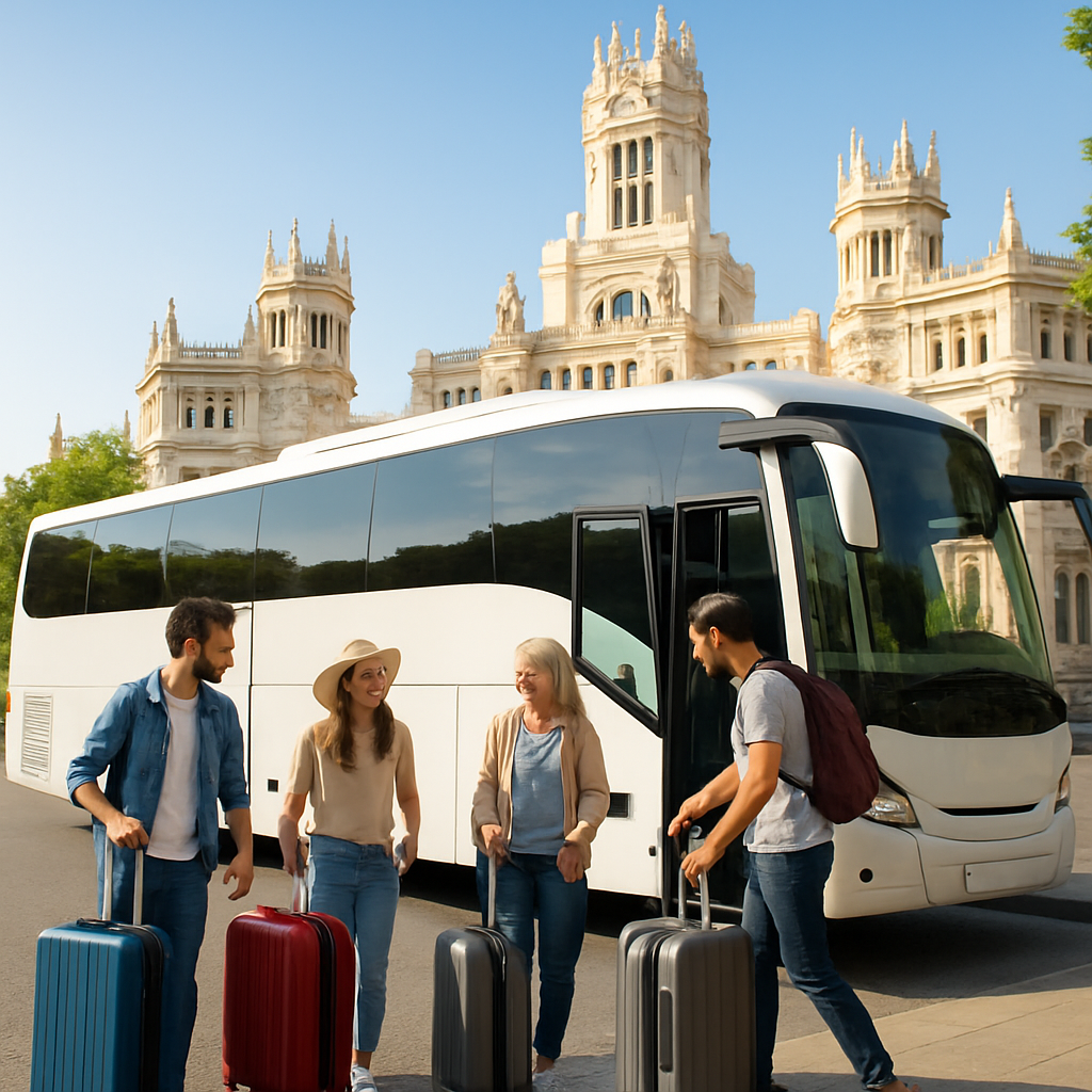 A modern coach parked outside a historic Madrid landmark, with a group of smiling travelers loading luggage. Alt: Madrid coach hire group travel comfort and convenience