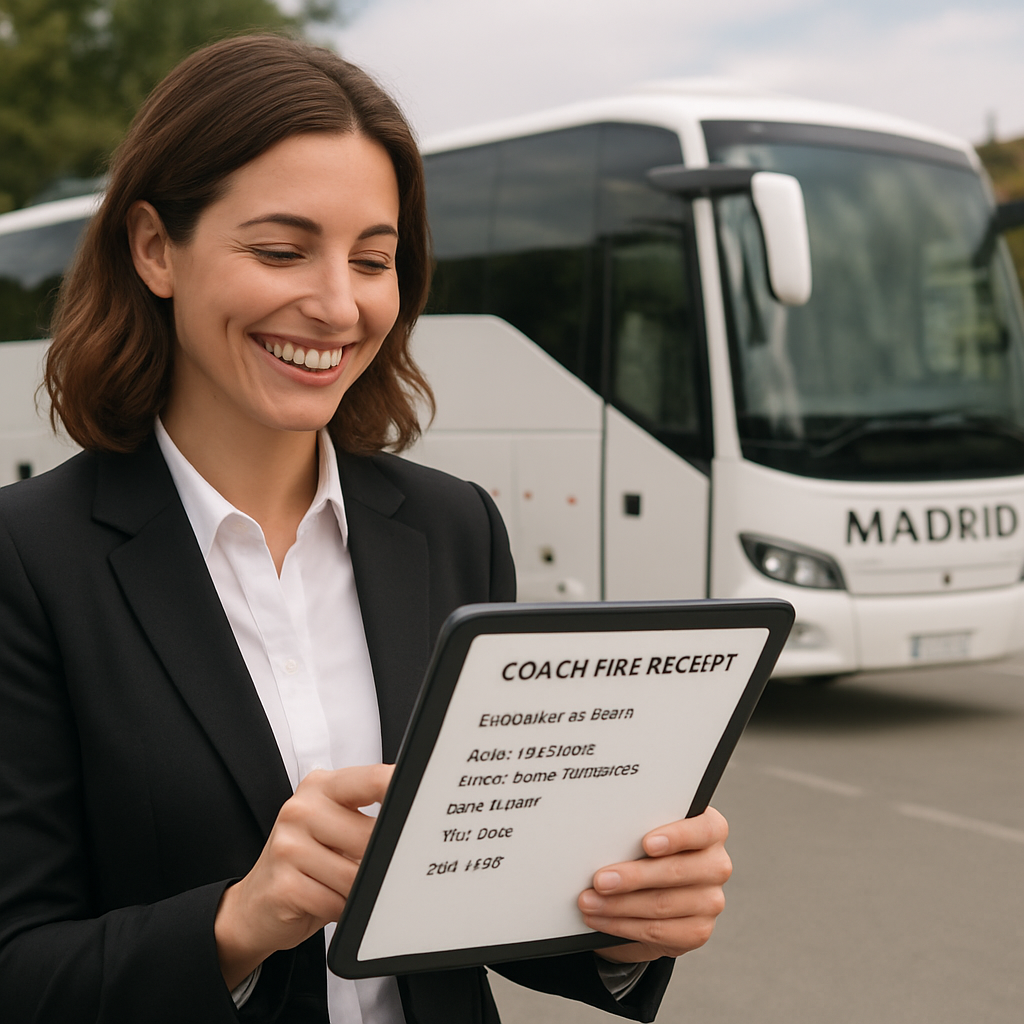 A happy event planner reviewing a coach hire receipt on a tablet, with a sleek Madrid coach in the background. Alt: post-hire follow-up for madrid coach hire