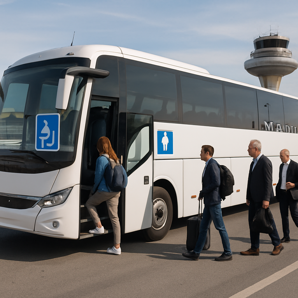 A descriptive prompt for an AI image generator showing a modern coach parked near Madrid airport with signage for 