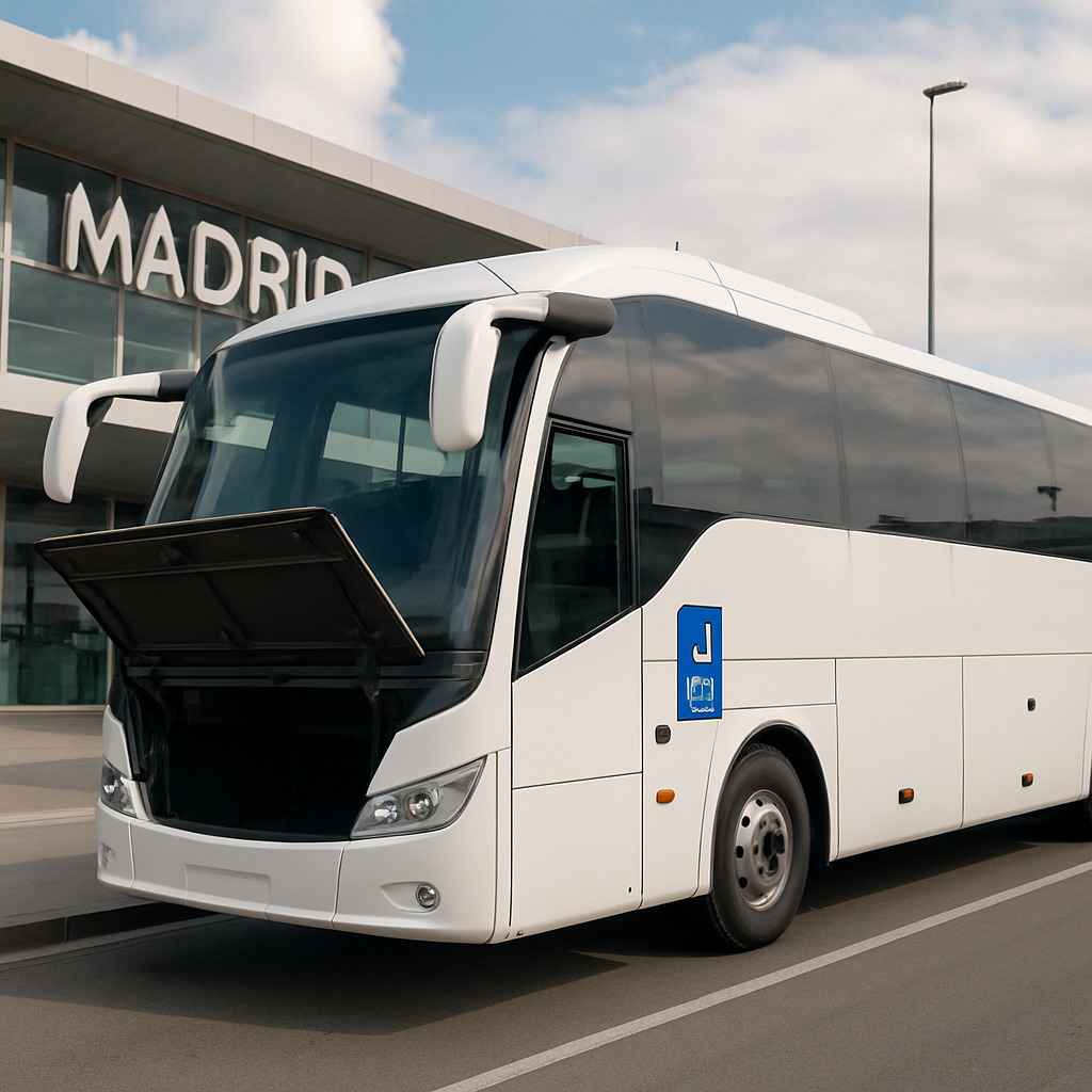 A modern coach parked in Madrid with open luggage hold and a small sign indicating an on-board toilet. Alt: madrid coach hire with toilet - modern coach with onboard lavatory parked near airport terminal.