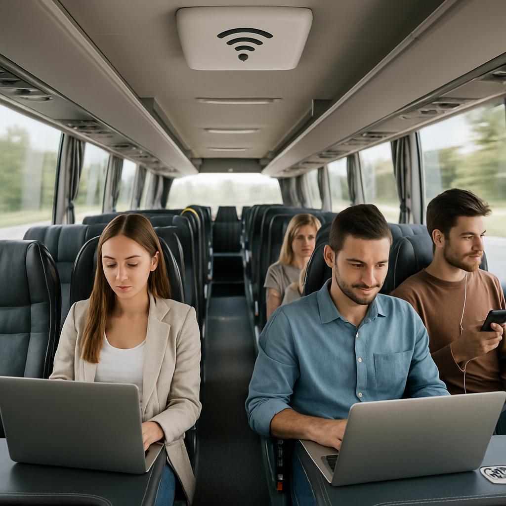A modern Wi‑Fi‑enabled coach interior with passengers using laptops and phones, showing a ceiling‑mounted router and power outlets. Alt: madrid coach hire with wifi interior
