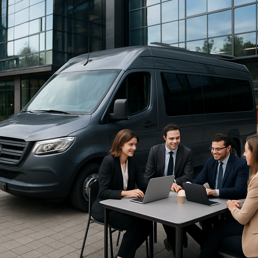 A sleek Mercedes‑Sprinter minibus parked outside a modern Madrid office building with its tabletop folded out, professionals gathered around laptops and coffee cups. Alt: madrid executive minibus hire with tables interior workspace view