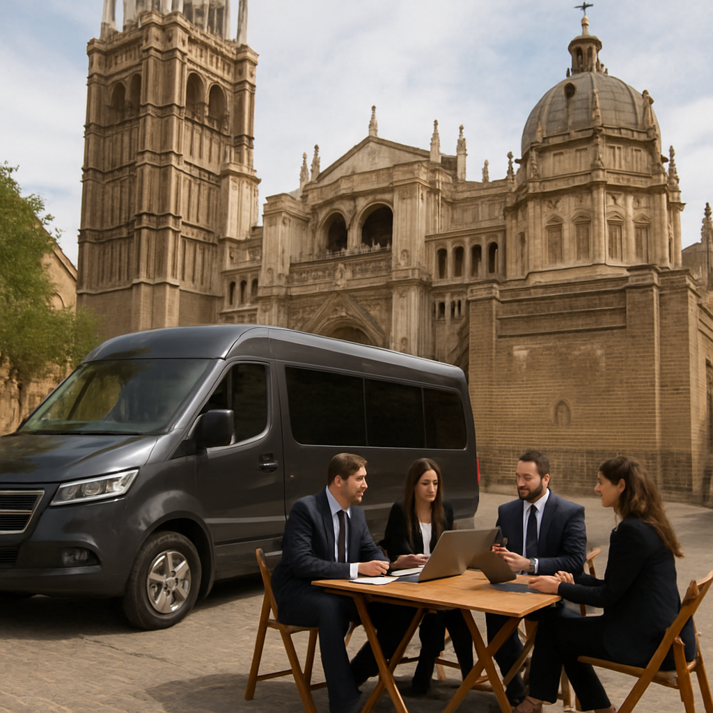 A modern Madrid executive minibus parked in front of the historic Toledo Cathedral, with the fold‑out wooden tabletop set up and laptops open, showing a business meeting in progress. Alt: Madrid executive minibus hire with tables used for a strategic meeting in Toledo.