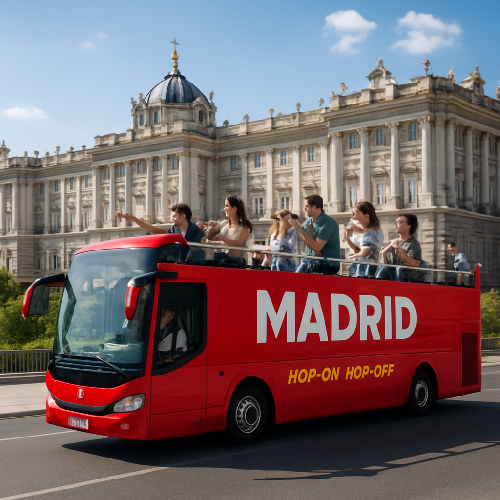 A bright, open‑top hop‑on hop‑off bus cruising past the Royal Palace with tourists pointing and taking photos. Alt: madrid hop on hop off bus route scenery