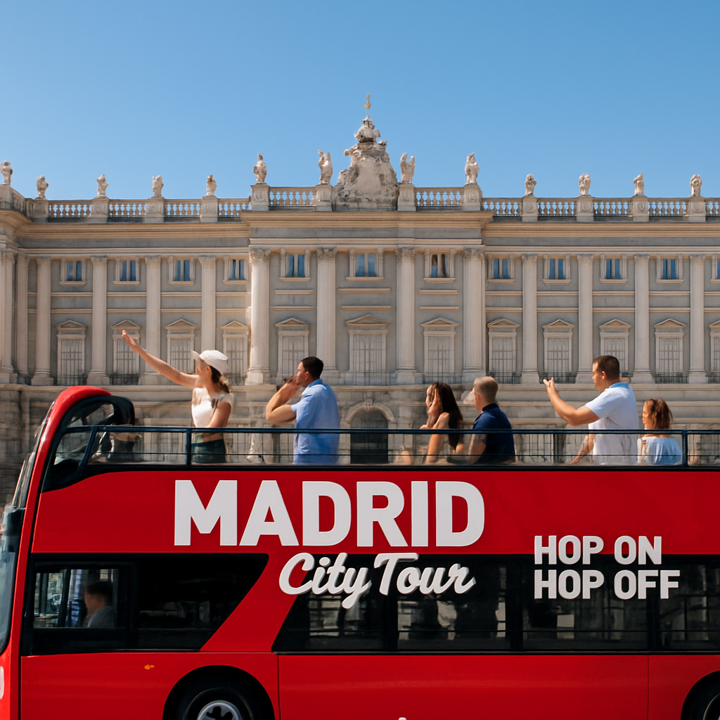 A sunny open‑top hop‑on‑hop‑off bus gliding past the Royal Palace, passengers pointing and taking photos. Alt: madrid hop on hop off bus panoramic view of historic landmarks