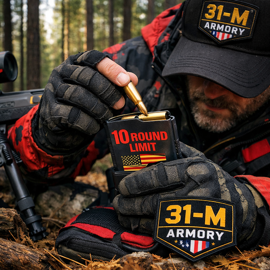 A realistic scene of a hunter loading a 10‑round rifle magazine in a forest, showing the importance of state limits. Alt: hunter loading compliant magazine