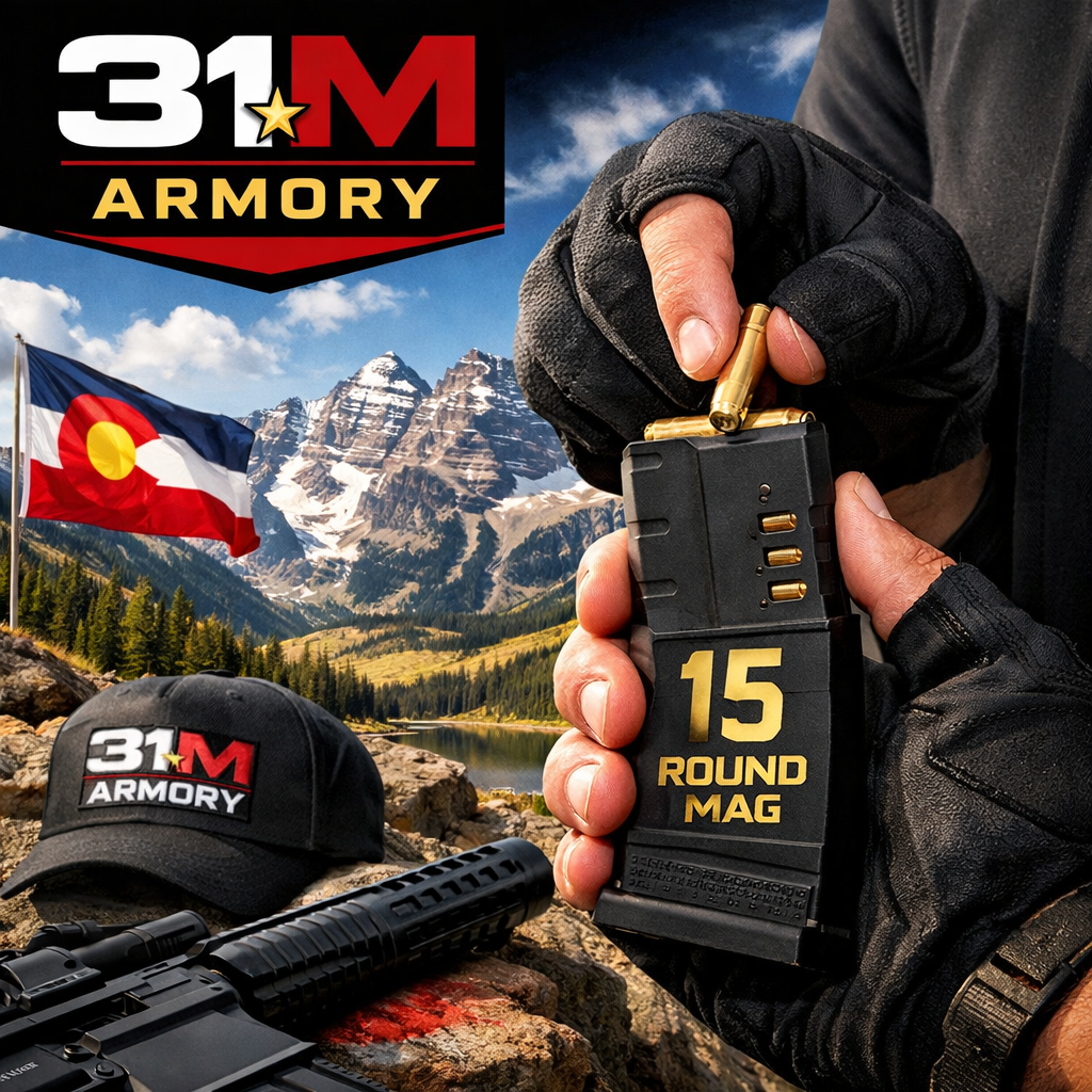 A realistic depiction of a Colorado mountain range with a shooter loading a 15‑round magazine, highlighting the state’s higher limit. Alt: Colorado shooter loading compliant mag