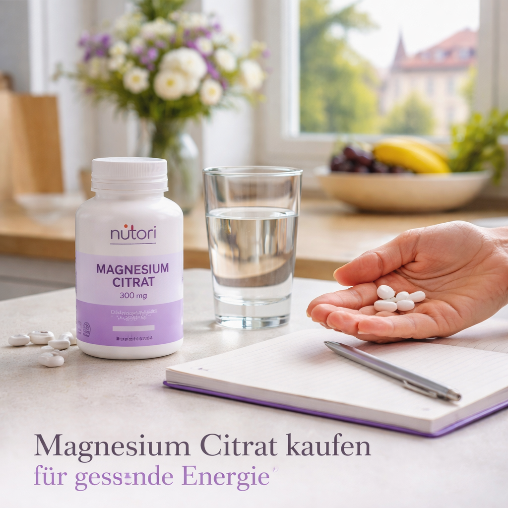A photorealistic scene of a German kitchen countertop with a bottle of magnesium citrat supplement, a glass of water, and a notebook, showing someone about to take the supplement. Alt: Magnesium citrat kaufen für gesunde Energie