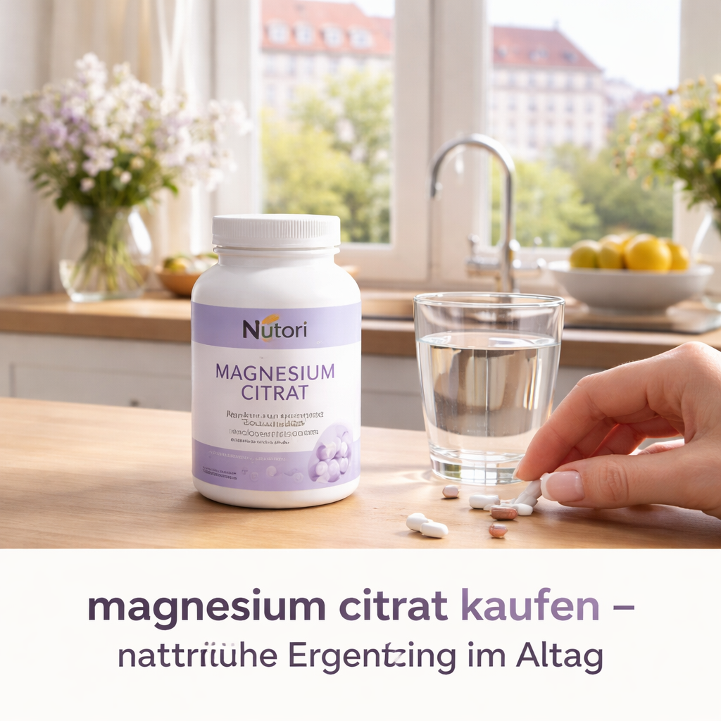 A photorealistic scene of a modern German kitchen countertop with a Nutori magnesium citrate bottle, a glass of water, and a hand reaching for a capsule. Alt: magnesium citrat kaufen – natürliche Ergänzung im Alltag