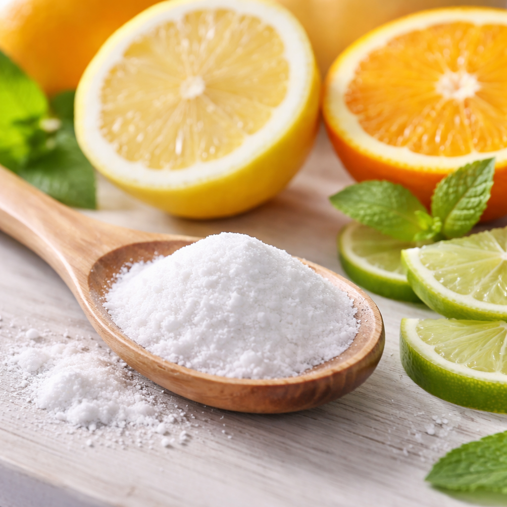 A realistic close-up of white crystalline powder (magnesium citrate) on a wooden spoon next to fresh citrus fruits, showing the natural connection between citric acid and the supplement. Alt: Magnesium Citrat Pulver mit Zitrusfrüchten zeigt natürliche Verbindung