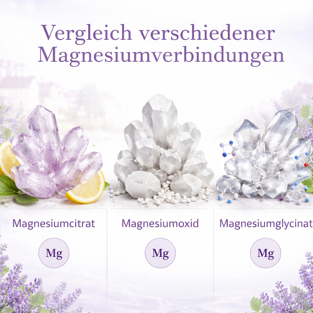 An educational infographic showing different magnesium compound structures side by side - crystalline formations representing citrate, oxide, and glycinate forms without any product names or brands. Alt: Vergleich verschiedener Magnesiumverbindungen zeigt strukturelle Unterschiede