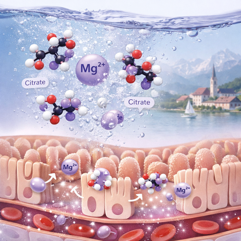 Realistic illustration of magnesium citrate molecular structure dissolving in water, showing gentle absorption in the gut. Alt: magnesium citrate absorption illustration