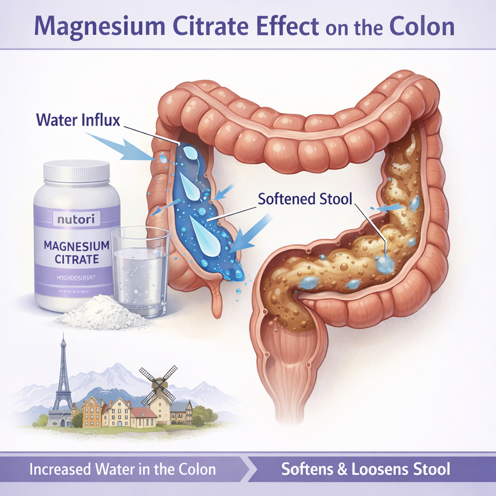 Detailed diagram of colon with water influx from magnesium citrate, highlighting softened stool. Alt: magnesium citrate effect on colon